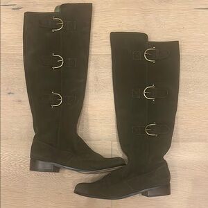 Restricted Olive Green Heeled Boots with Knee High Design and Decorative Buckles
